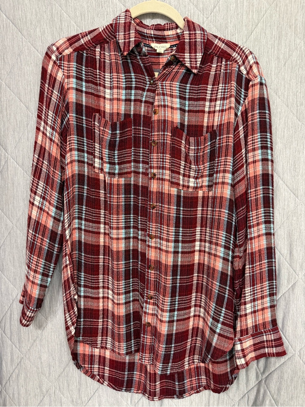 PILCRO Hadley Burgundy and White Plaid Button-Down Shirt